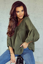 Load image into Gallery viewer, Green Textured V Neck Bracelet Sleeve Babydoll Blouse
