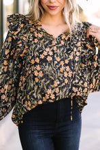 Load image into Gallery viewer, Black Plus Size Split Neck Ruffled Bubble Sleeve Floral Blouse
