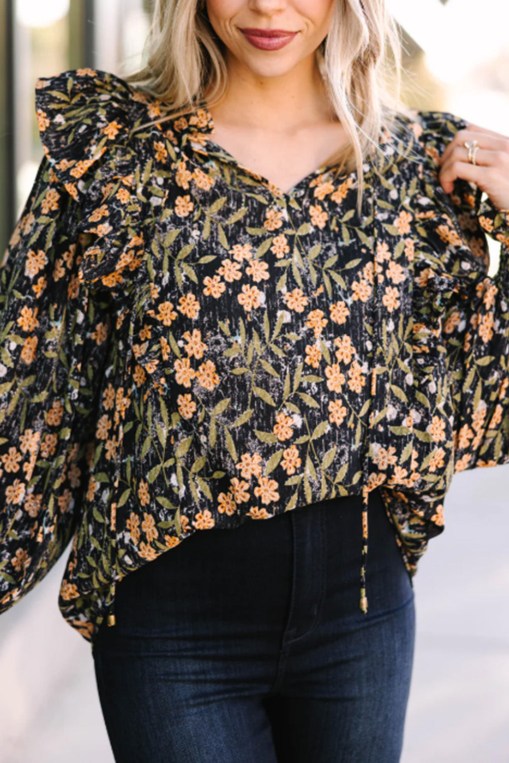 Black Plus Size Split Neck Ruffled Bubble Sleeve Floral Blouse