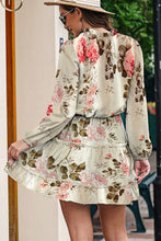 Load image into Gallery viewer, Beige Floral Split Neck Cinched Waist Ruffle Mini Dress
