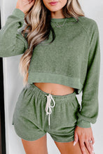 Load image into Gallery viewer, Green Fleece Two-piece Cropped Pullover and Shorts Set
