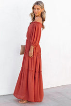 Load image into Gallery viewer, Orange Off Shoulder Balloon Sleeve Cutout Ruffled Maxi Dress
