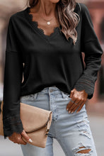 Load image into Gallery viewer, Black Ribbed Texture Lace Trim V Neck Long Sleeve Top
