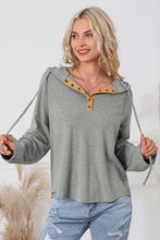 Load image into Gallery viewer, Gray Quarter Buttoned Drawstring Pullover Hoodie
