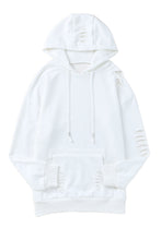 Load image into Gallery viewer, White Solid Ripped Hooded Sweatshirt with Kangaroo Pocket
