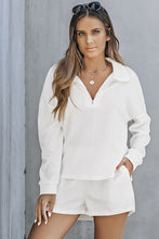 Load image into Gallery viewer, White Ribbed Zipper Sweatshirt and High Waist Shorts Set
