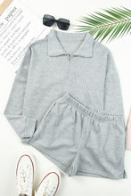 Load image into Gallery viewer, Gray Ribbed Zipper Sweatshirt and High Waist Shorts Set
