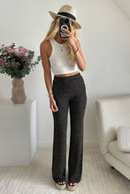 Load image into Gallery viewer, Black Metallic Ribbed Cardigan and Flare Pants Outfit
