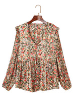 Load image into Gallery viewer, Khaki V Neck Ruffled Babydoll Floral Blouse
