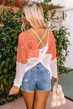 Load image into Gallery viewer, Multicolor Color Block Eyelet Long Sleeve Twisted Back Knit Top
