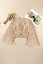 Load image into Gallery viewer, Camel Pleated Bell Sleeve Twist V Neck Cropped Blouse
