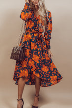 Load image into Gallery viewer, Orange Floral Print Faux Wrap Belted Dress
