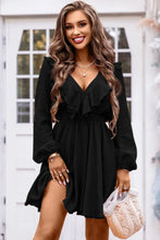 Load image into Gallery viewer, Black Textured Ruffled V Neck High Waist Mini Dress
