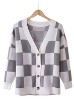 Load image into Gallery viewer, Gray Contrast Checkered Print Button Up Sweater Cardigan
