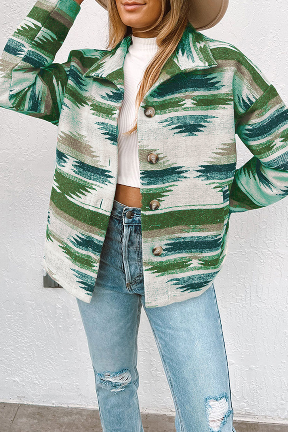 Blackish Green Aztec Print Button Up Long Sleeve Jacket