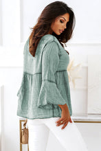 Load image into Gallery viewer, Crinkle Lace Up Round Neck Bell Sleeve Blouse
