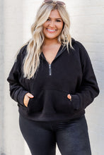 Load image into Gallery viewer, Black Half Zipper Kangaroo Pocket Plus Size Hoodie
