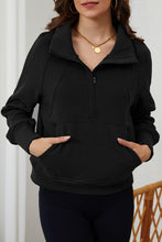 Load image into Gallery viewer, Black Zip Up Stand Collar Ribbed Thumbhole Sleeve Sweatshirt
