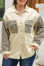 Load image into Gallery viewer, Apricot Plus Size Leopard Sleeve Raw Hem Denim Jacket
