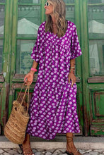 Load image into Gallery viewer, Purple Boho Printed Puff Sleeve Maxi Dress
