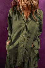 Load image into Gallery viewer, Pickle Green Loose Pocketed Ruffled Hem Draped Shirt Dress
