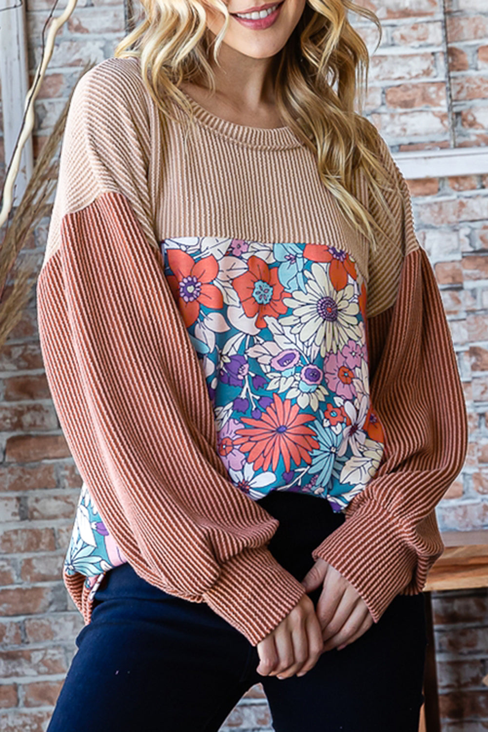 Printed Floral Contrast Colorblock Ribbed Top