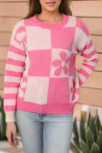 Load image into Gallery viewer, Strawberry Pink Checkered Floral Print Striped Sleeve Sweater
