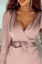 Load image into Gallery viewer, Pink Satin Ruched V-neck Wrapped Mini Dress
