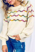 Load image into Gallery viewer, White Wavy Striped Pointelle Bishop Sleeve Sweater
