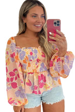 Load image into Gallery viewer, Pink Plus Size Floral Puff Sleeve Smocked Peplum Top
