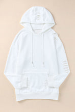 Load image into Gallery viewer, White Solid Ripped Hooded Sweatshirt with Kangaroo Pocket
