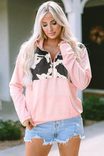 Load image into Gallery viewer, Pink Cow Spots Patchwork Half Zip Drawstring Hoodie
