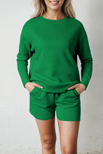 Load image into Gallery viewer, Green Textured Long Sleeve Top and Drawstring Shorts Set
