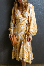 Load image into Gallery viewer, Yellow V Neck Wrap Lace up Bubble Sleeve Floral Dress
