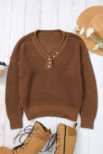 Load image into Gallery viewer, Coffee Pointelle Knit Button V Neck Drop Shoulder Sweater
