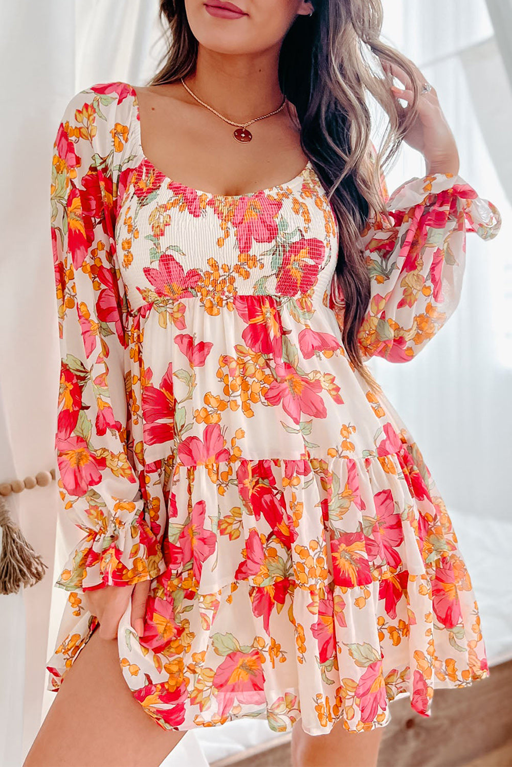 Red Smocked Tiered Floral Dress