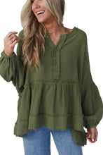 Load image into Gallery viewer, Green Henley Button Drop Shoulder Loose Sleeve Raw Edge Top
