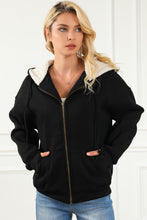 Load image into Gallery viewer, Black Sherpa Hooded Thumbhole Sleeve Zip Up Jacket
