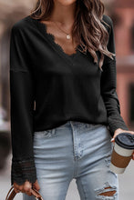 Load image into Gallery viewer, Black Ribbed Texture Lace Trim V Neck Long Sleeve Top
