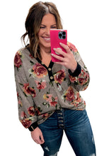 Load image into Gallery viewer, Gray Floral Long Sleeve Plus Size Henley Top
