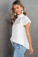 Load image into Gallery viewer, Sheer Ruffle Sleeve Splice Mock Neck Blouse
