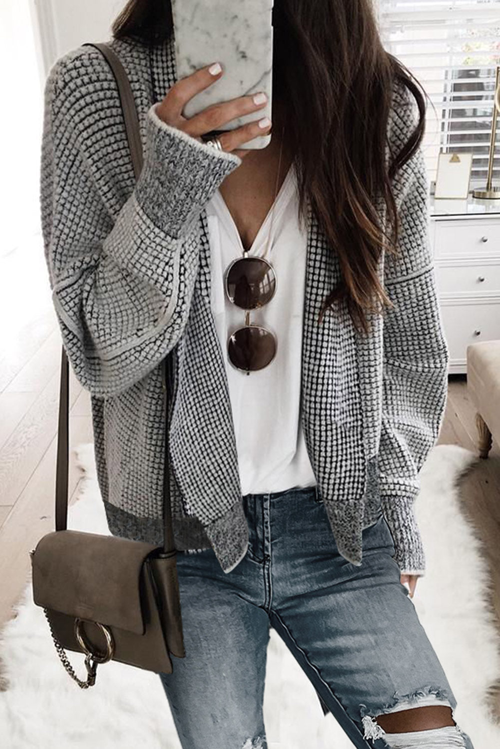 Grey Plaid Contrast Trim Open Front Cardigan