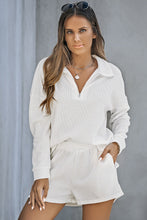 Load image into Gallery viewer, White Ribbed Zipper Sweatshirt and High Waist Shorts Set
