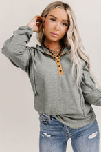 Load image into Gallery viewer, Gray Quarter Buttoned Drawstring Pullover Hoodie
