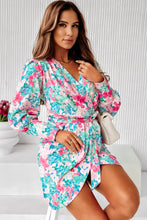 Load image into Gallery viewer, Green Lace-up High Waist Wrap V Neck Floral Mini Dress
