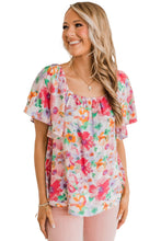 Load image into Gallery viewer, Multicolor Watercolor Floral Square Neck Ruffle Sleeve Blouse
