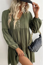 Load image into Gallery viewer, Green Lace Puff Sleeve Buttoned Tiered Ruffled Mini Dress
