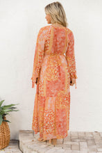 Load image into Gallery viewer, Orange Boho Floral Wrap V Neck Tie Long Sleeve Dress
