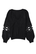 Load image into Gallery viewer, Black Hollowed Lace Splicing V Neck Loose Sweater
