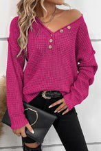 Load image into Gallery viewer, Rose Red Pointelle Knit Button V Neck Drop Shoulder Sweater
